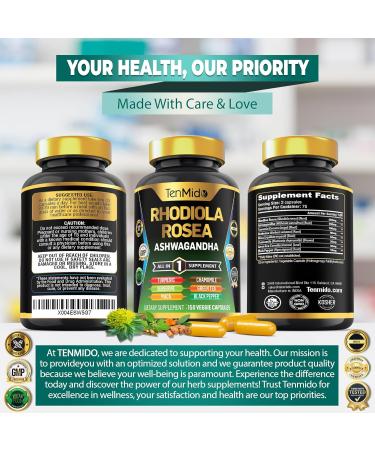 Tenmido Rhodiola Rosea Supplement - 8in1 Formula - Combine with Ashwagandha Turmeric Berberine Maca Chamomile Green Tea and Black Pepper - Nutrient Rich - 150 Vegan Capsules - Buy Online on GoSupps.com