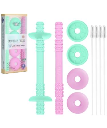 Teething Tube with Safety Shield Baby Hollow Teether Sensory Toys Gum Massager Food-Grade Silicone for Infant 3-12 Months Boys Girls 1 Pair with 4 Cleaning Brush Included (Cyan+Orchid)