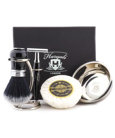 Haryali London Luxurious 5-part shaving set for men double-sided razor plane with black synthetic brush stand soap and bowl