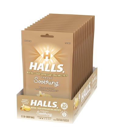 HALLS Throat Soothing Honey Vanilla Cough Drops - 12 Bags (360 Drops) - Buy Online on GoSupps.com