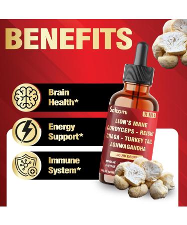 11in1 Mushroom Supplement Liquid Drops Brain Immunity & Energy Support - Mushroom Complex with Lion s Mane Reishi Turkey Tail Cordyceps Ashwagandha Maitake Shiitake - 1 FL Oz - 60 Day Supply - Buy Online on GoSupps.com