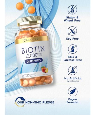 Carlyle Biotin 10000mcg Gummies | 100 Count | Peach Flavor Supplement | Vegan Non-GMO Gluten Free 100 Count (Pack of 1) - Buy Online on GoSupps.com