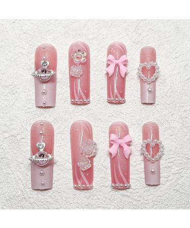 24pcs Long Square Press on Nails - French Tip Acrylic Nails with 3D Bow Heart and Pearls | Glossy Pink Full Cover Glue-on Nails for Women & Girls - Buy Online on GoSupps.com