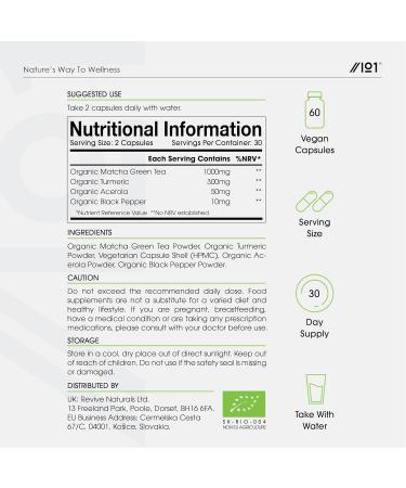 Organic Matcha Green Tea Extract 1360mg with Turmeric, Acerola & Black Pepper - 60 Vegan Capsules - Buy Online on GoSupps.com