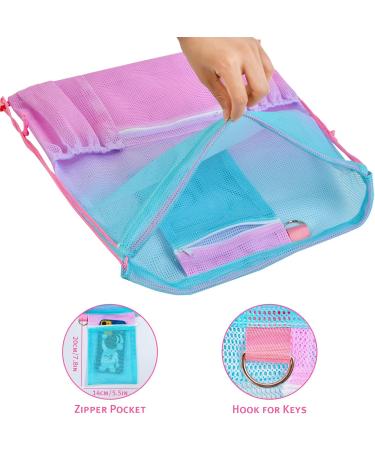Nidoul Mesh Drawstring Beach Bag with Zipper Pocket - Pink Blue | Ideal for Swimming, Gym & Storage | Adult Kids - Buy Online on GoSupps.com