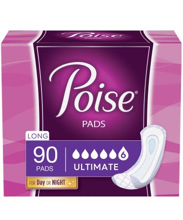 Poise Incontinence Pads for Women, Ultimate Absorbency, Long, Original Design, 90 Count (2 Packs of 45) (Packaging May Vary) Long Length (90 Count)