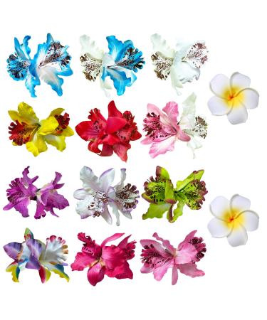 14 Pcs Orchid Plumeria Hair Clips Chiffon Flower Barrettes Multicolor Floral Women Bridal Headpiece Bohemian Hawaiian Luau Tropical Wedding Beach Party Decorations Cute Hairclip Hair Pins Accessories