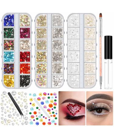 4504 Pcs Face Gems&Pearls with Glue for Makeup  Eye Jewels Rhinestones Makeup Gems  White&Beige Face Pearls with Pickup Dotting Tools for Face Eye Makeup  Nail Art  Craft Decorations