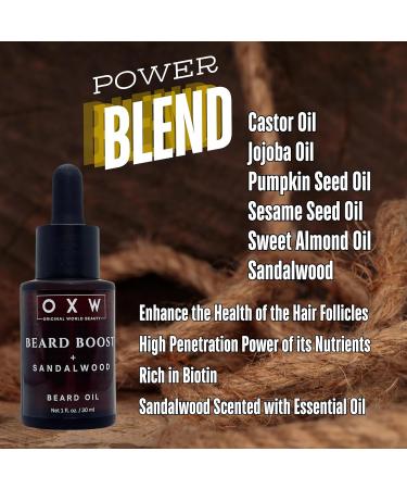 All Natural Beard Boost Oil for Men - Growth & Grooming with Castor Jojoba & Almond Oils | Sandalwood Scent - Buy Online on GoSupps.com