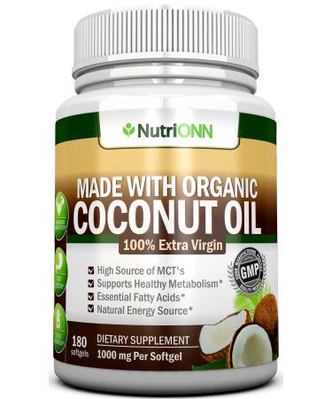ORGANIC COCONUT OIL Capsules - 180 Softgels - 4000 MG Daily - Cold-Pressed Extra Virgin Coconut Oil - Certified USDA Organic - Great For Hair Skin And Acne