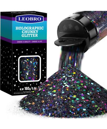LEOBRO Black Glitter Holographic Chunky Glitter 160G/5.64OZ Glitter Craft Glitter for Resin Metallic Iridescent Chunky Fine Glitter Sequin Flake Bulk Nail Glitter for Makeup Body Epoxy Tumblers