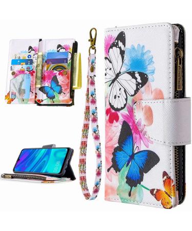 Miago 9 card slots leather cover for Huawei Y5 2019 colorful zip flip shell wallet case cell phone case PU leather pocket protective cover butterfly flower huawei y5 2019 butterfly flower