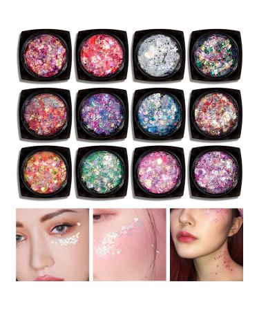 Ckfyahp 12 colors glitter for face body holographic chunky body glitter gel liquid eyeshadow glitter powder for cosmetics face hair lips nail art festival party make up decoration