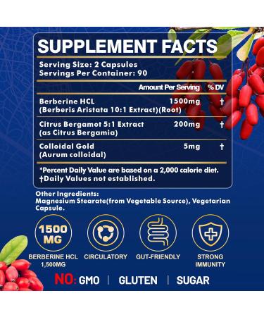 Berberine Supplement - Berberine Weight Loss, High-Potency Berberine 1500MG of Berberine HCL, Plus Citrus Bergamot - for Metabolic, Digestive, and Immune Support - Vegan, Non-GMO, 180 Capsules Berberine 1500mg 180 Count (Pa  - Buy Online on GoSupps.com