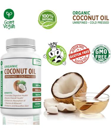 Organic Coconut Oil Capsules 2000mg - 100% Extra Virgin, Cold Pressed for Healthy Skin, Extra Hair Growth, Nail Care, Brain Booster - 120 Softgels - Unrefined Pure & Non GMO Pills - Rich in MCT - Buy Online on GoSupps.com