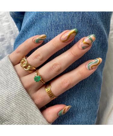 JUSTOTRY 24 Pcs Wavy Almond Short False Nails Gold and Teal French Press on Nails Pattern Trendy Fake Nails Short with Nail Glue Nude Oval Medium Stick on Nails for Women green&oval1