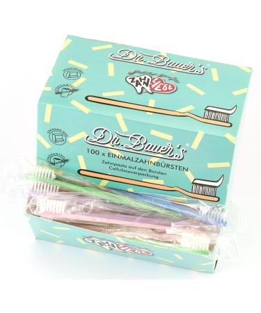 Dr. Bauer's 100 Pack Disposable Toothbrushes with Toothpaste | Eco-Friendly Travel & Hotel Toiletries | Sustainable Colors: Violet Green Blue Red - Buy Online on GoSupps.com