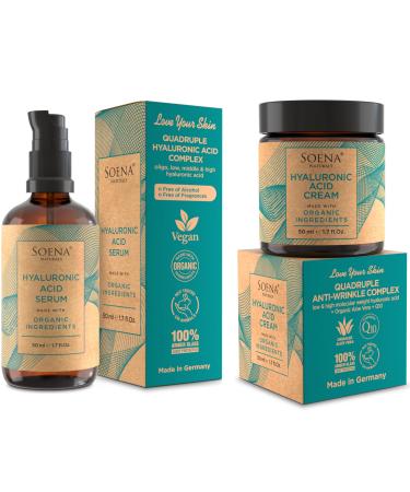 Harmonized Duo: Organic hyaluronic Acid Serum + Hyaluronic Acid Cream | Best Hyaluronic Acid (Oligo) + 4 Hyaluronic Sizes - Highly Dosed | Hydrating Serum + Cream - Aging-Aging Moisturizer | Made in G