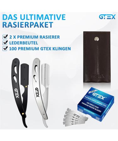 GTEX Razor Set - 100 Premium Blades Leather Bag 2 Men's Razors (Black & Silver) - Straight Razor Shavette & Ustura Beard Knife - Buy Online on GoSupps.com