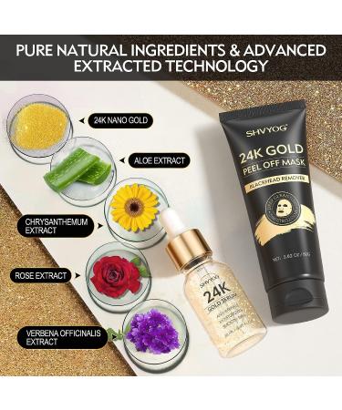 3-in-1 Blackhead Remover Mask with 24K Gold Serum - Deep Cleansing Peel Mask for Blackheads, Whiteheads, Acne & Oil - Includes Silicon Brush - 80g+20ml - Buy Online on GoSupps.com