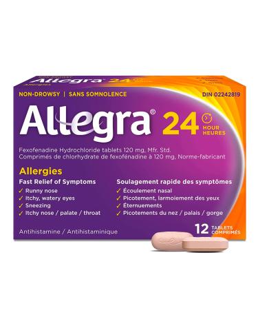 Allegra 24 Hour Allergy Medication Non Drowsy Fast and Effective Multi-Symptom Allergy Relief Medicine for Sneezing Watery Eyes and Itchy Throat Fexofenadine Hydrochloride 120 mg 12 Tablets 12 Count (Pack of 1)