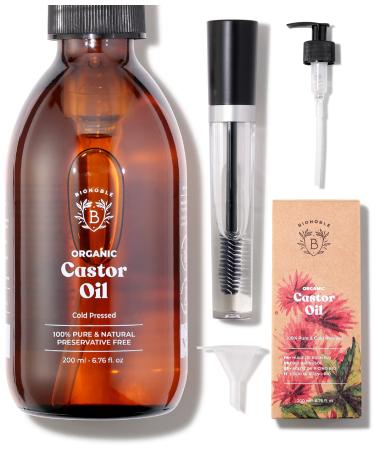 Bionoble Organic Castor Oil 200ml - 100% Pure Natural Cold Pressed - Lashes Eyebrows Body Hair Beard Nails - Vegan and Cruelty Free - Glass Bottle + Pump + Mascara Kit Castor + Mascara Kit 200 ml (Pack of 1)