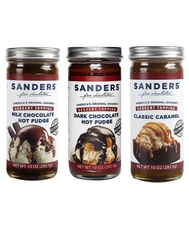 Sanders Hot Fudge Sauce and Gourmet Dessert Topping Assortment, 3 Pack, Milk Chocolate, Dark Chocolate, and Classic Caramel, Gluten Free, Kosher, and All Natural 10 Ounce (Pack of 3)