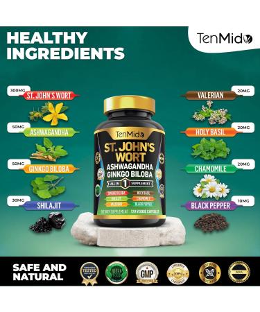 Tenmido St.John's Wort Supplement - 8in1 Formula - Combine with Ashwagandha Ginkgo Biloba Shilajit Valerian Holy Basil Chamomile and Black Pepper - 120 Vegan Capsules for 4 Months Supply - Buy Online on GoSupps.com