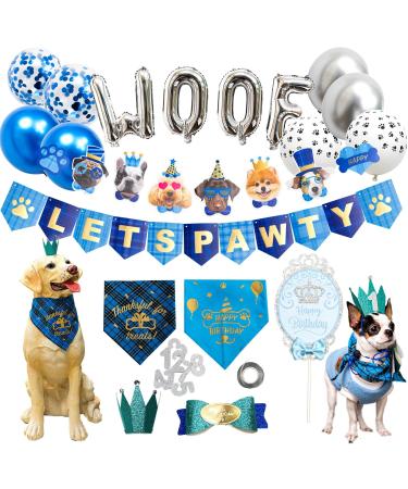 Dog Birthday Party Supplies, Dog Birthday Hat/Bandana/Bowtie/Cake Topper/Balloon/Flag/Banner for Small Medium Dogs Pets, Doggie Birthday Party Supplies Decorations (Blue