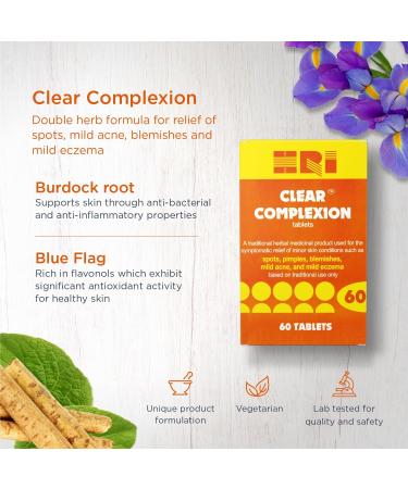 HRI Clear Complexion Tablets - 60 Count for Symptomatic Relief of Skin Conditions - Spots, Pimples, Blemishes, Acne, Eczema - Pack of 1 - Buy Online on GoSupps.com