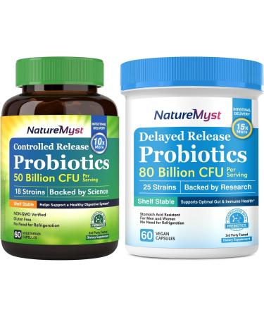 NatureMyst Probiotics 80 Billion + 50 Billion Bundle 25 & 18 Strains with Prebiotics Gut & Immune Health Shelf Stable Non-GMO Made in USA 120 Capsules