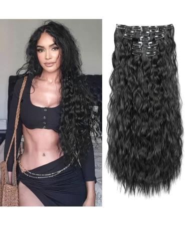 FLUFYMOOZ Clip In Hair Extensions 6PCS Hair Extensions Long Mermaid Waves Wavy Synthetic Clip On Hairpiece For Women 24 Inch (Natural Black) 24 Inch Natural Black