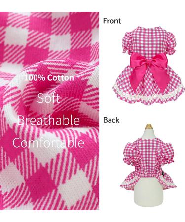 Fitwarm Gingham Plaid Dog Dress with Puff Sleeve - Hot Pink, Size XXS | Summer Clothes for Small Dogs Girl | Pet Cat Outfit - Buy Online on GoSupps.com