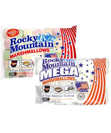 Rocky Mountain Marshmallows Tast Set Fruity & Mega Colorful traditional American sweets for roasting around the campfire grilling or baking fruit taste (1x300g 1x340g)