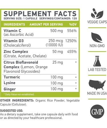 MUSCLE FOOD LABS | Z D C Plus | Vitamin C 500mg | Vitamin D3 | Zinc | Turmeric | Ginger | Lysine | Non-GMO & Gluten Free | Veggie Caps | 120 Servings - Buy Online on GoSupps.com