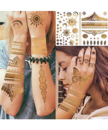 Bilizar 9 Sheets Flash Gold Temporary Tattoos - 110+ Designs Metallic for Women & Adults | Golden Lion, Sun, Moon, Star, Butterfly Glitter Tattoo Sticker | Fake Tattoos for Long-Lasting & Realistic Look - Buy Online on GoSupps.com