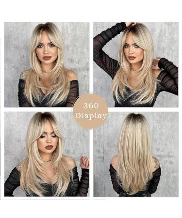 7JHH Long Blonde Wig with Bangs | 25-Inch Heat Resistant Synthetic Hair | Dark Roots Ombre Blonde | Daily Use - Buy Online on GoSupps.com