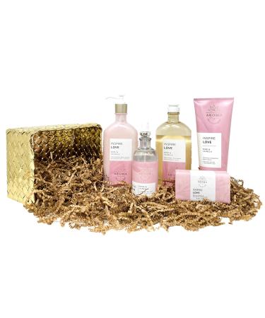 Bath and Body Work Aroma Inspire Love ROSE & VANILLA Gold Woven Basket Deluxe Gift Set - Body Cream - Body Lotion - Body Wash + Foam Bath - Essential Oil Mist and Cleansing Bar - Full Size