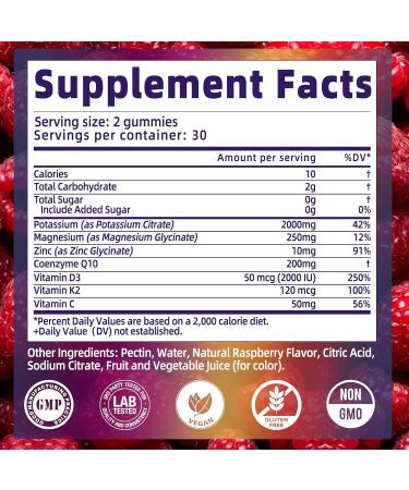 Potassium Citrate Gummies 2000mg High Potency Electrolyte Gummies Potassium Supplement with Magnesium glycinate Zinc Vitamin C D3 K2 for Electrolyte Balance Leg Cramps Muscle Support 60 Chews - Buy Online on GoSupps.com