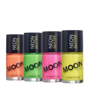 Neon UV Glitter Nail Polish by Moon Glow - Set of 4 colours - Bright Neon Nail Varnish - Glows under UV - 14ml