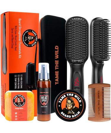 Tame the Wild Pro Beard Straightener Kit - Heated Beard Brush for Men - 12 Temp Settings - Beard Grooming Kit with Heat Protector Spray, Beard Soap, Beard Balm, Comb & Travel Case - Gift Set 6-Piece Set