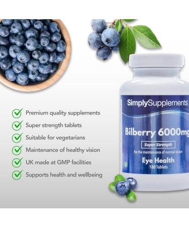 Bilberry Extract Tablets - 6000mg | 180 Tablets | Vegan | Vitamin B2 | Healthy Sight & Vision | UK Made - Buy Online on GoSupps.com