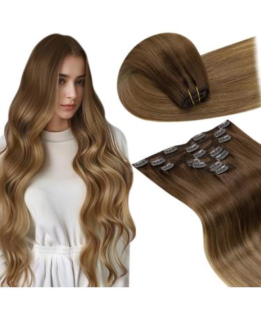 Laavoo clip in real hair Extensions ombre brown extensions real hair clip in brown balayage light brown and dark blond hair extensions clip in real hair smooth 105g 7 piece 40cm #6/8/14 16Pouces/40cm 1.4 #6/8/14