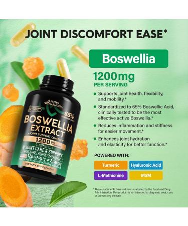 Boswellia 1200mg - Boswellia Extract | Turmeric | Hyaluronic Acid | MSM | Same - Joint Health & Comfort - Boswellia Serrata | 65% Boswellic Acid - for Men & Women - Made in USA - 120 Capsules 120 Count (Pack of 1) - Buy Online on GoSupps.com