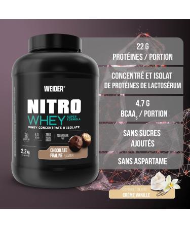 Weider Nitro Whey Super Formula (2.2 kg) Chocolate Praline Flavor. 22g/dose Concentrate and Whey Protein Isolate + 4.8g BCAA/Dose L-Glutamine and Vitamin B6 No Added Sugars No Aspartame - Buy Online on GoSupps.com
