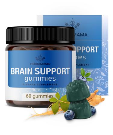 HERBAMAMA Brain Support Gummies Brain Focus Supplements for Adults with Ashwagandha Bacopa Monnieri Vitamin C & B12 Vegan Non-GMO Calming Gummies 60 Pectin-Based Blueberry-Flavored Chews