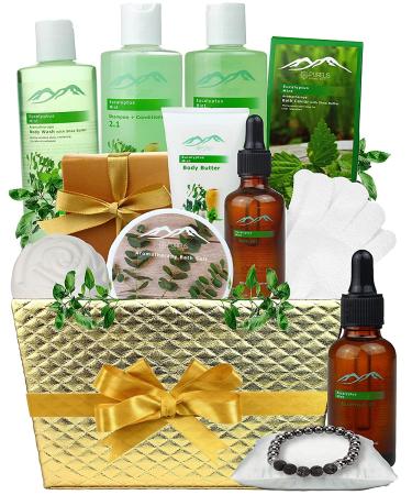 Bed Bath Body Gift Set Eucalyptus Mint Aromatherapy Spa Baskets for Men & Women. Bath & Body Spa Gift Baskets for Relaxation! Best Dads Gift Baskets for Fathers Husband Friends!