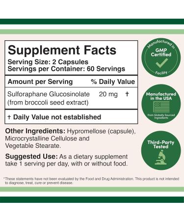 Sulforaphane Supplement - 20mg of Sulforaphane per Serving (120 Capsules) Potent Broccoli Extract for Healthy Aging (Derived from Broccoli Sprouts Vegan Safe) by Double Wood - Buy Online on GoSupps.com