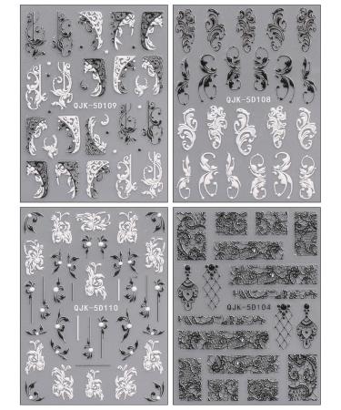 JMEOWIO 3D Flower Nail Art Stickers | Black & White Self-Adhesive Decals | 4 Sheets of 5D Lace & Leaves Design Accessories - Buy Online on GoSupps.com