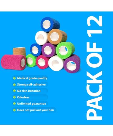 Self Adhesive Bandage Wrap - 12 Pack Non-Woven Water-Resistant First Aid Wraps 3 x 5 Yards Breathable Multicolor Vet Wrap for Wounds - Buy Online on GoSupps.com
